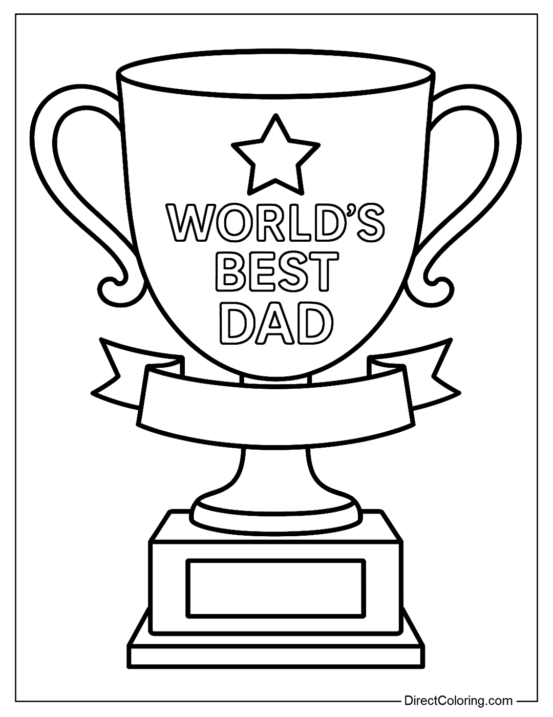 Coloring page of a trophy with the words World's Best Dad with a ribbon and a star